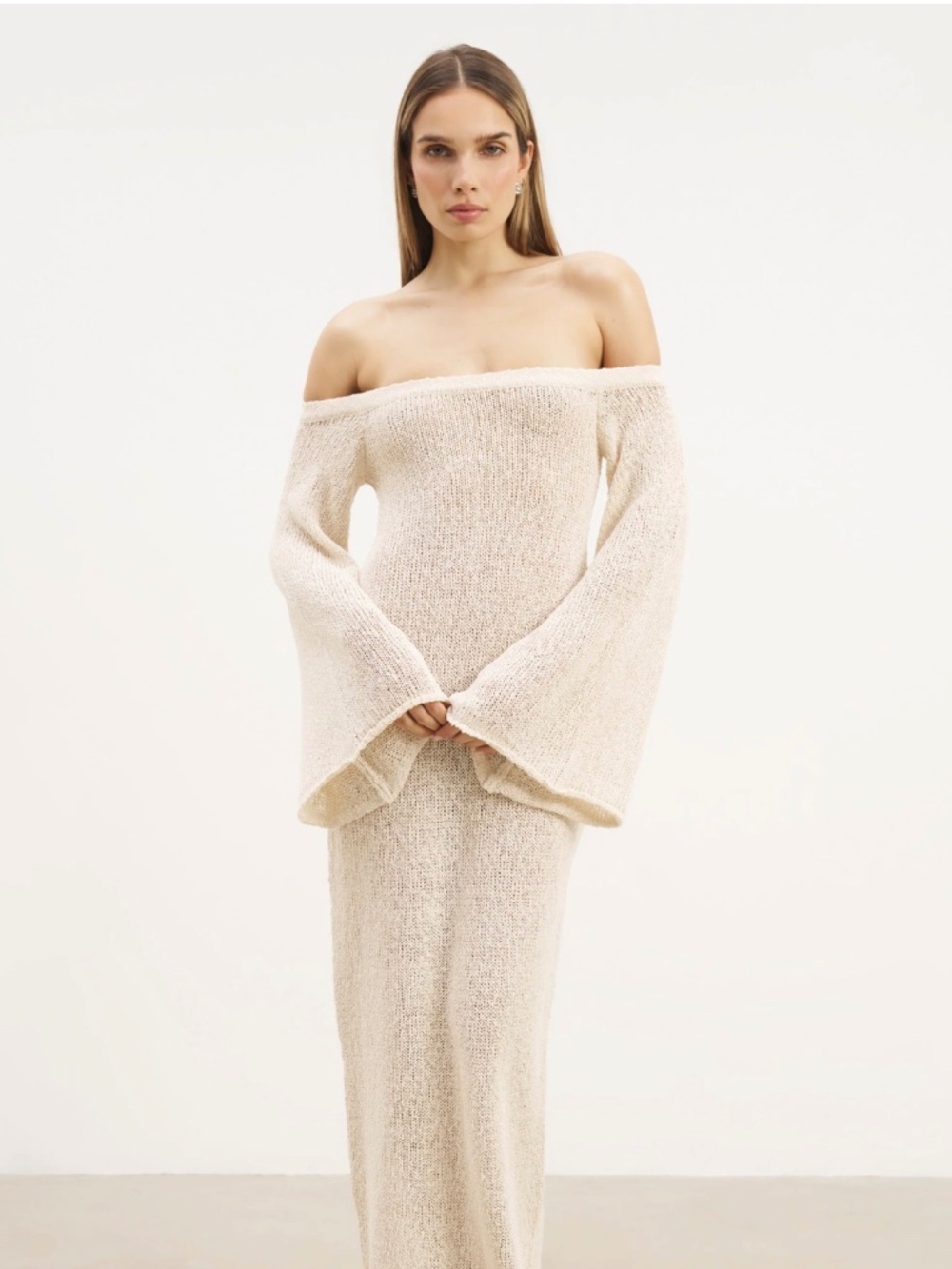 BOA Cream Off Shoulder Knit Midi Dress Small